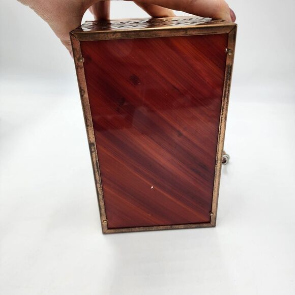 Vintage 1950's Tortoiseshell Amber Color Lucite Brass Filigree Box Purse Beaded - Picture 10 of 13